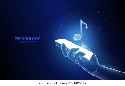 
Vector illustration concept polygonal hand holds a smartphone over which is a symbol of a musical note, online music, learning, podcasts, entertainment, leisure, stream.