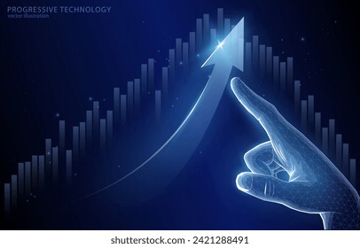 Vector illustration concept polygonal, hand pointing to an arrow and a data graph in the background, symbol of growth, sales, finance, movement towards a goal, success, startup.