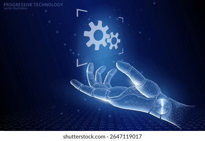 Vector illustration concept polygonal, hand of humanoid robot, with gear icon above it in form of hologram, innovation, technology, artificial intelligence, assistant, service, security.