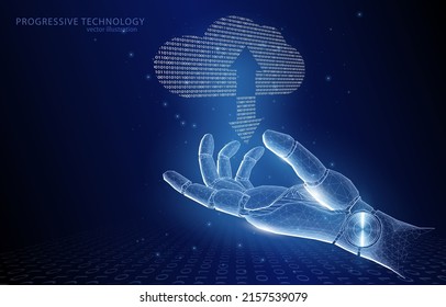 Vector illustration concept polygonal, humanoid robot arm and cloud data storage symbol from binary code over it, technology digitalization data virtual reality, internet, artificial intelligence.