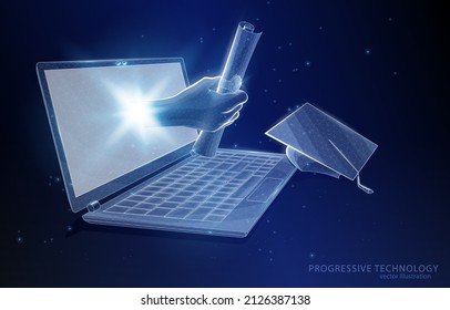 
Vector illustration concept polygonal, laptop, on a dark blue background and a hand giving a diploma of education, a square academic cap lies close, a symbol of online learning, technology, internet.