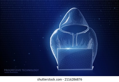 Vector illustration concept polygonal, on a dark blue background and binary code in the background, a man in hiding his face works at a computer, a symbol of hacking, cyber attacks, data theft.