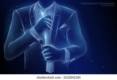 
Vector illustration concept, polygonal on a blue background, a man a businessman in an expensive suit straightens his tie, business, finance, confidence, leader, professionalism.