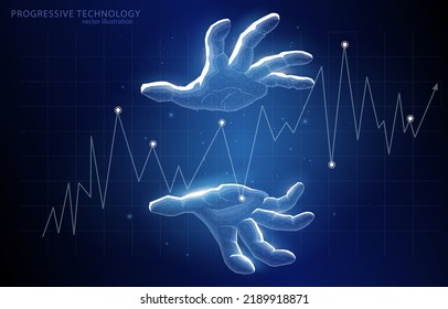 Concepto de ilustración vectorial palma abierta poligonal de manos que muestra un gráfico de crecimiento progresivo sobre finanzas empresariales de fondo azul oscuro, comercio, índice, análisis, economía.