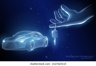 Vector illustration concept of a polygonal passenger car and a hand holding a car key, on a dark blue background, technology transport, business.