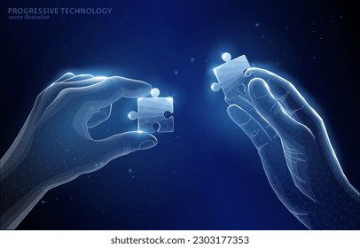 Vector illustration concept polygonal, puzzle elements in hands, game, entertainment, symbol of learning, cooperation, communication, team building, business.