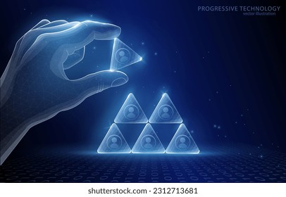 Vector illustration concept polygonal, pyramid of triangles with people icons, main segment in hand, symbol of corporation, hierarchy, career, startup, teamwork, goal achievement.