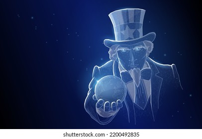 Vector illustration concept polygonal, the symbol of America Uncle Sam holds the world in his hand, a symbol of global dominance, the development of civilization, governance, conspiracy theories.