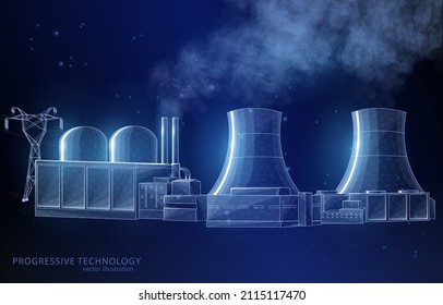 
Concepto poligonal de ilustración vectorial, visión de una planta de energía nuclear, sobre un fondo azul oscuro, energía, ecología, finanzas empresariales.