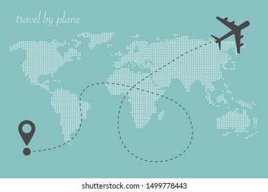 Vector illustration concept postcard travel by plane, typographic template for printing with world map