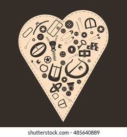 Vector illustration. Concept for poster, postcards, advertising of haberdashery store. Many fancy metal accessories for clothing and handbags on a background of heart. Graphic vintage style.