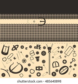 Vector illustration. Concept poster, postcards, advertising of haberdashery store. Many fancy metal accessories for clothes and bags on a beige background on canvas. Graphic vintage style.