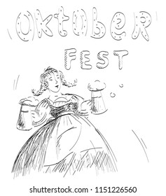 Vector illustration of a concept poster with the word "oktoberfest" beer festival and a girl with two mugs of beer with a black outline on a white background isolate horizontally with people cartoon