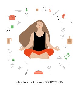 Vector illustration concept of practicing meditation. The girl sits in the lotus position, around kitchen utensils