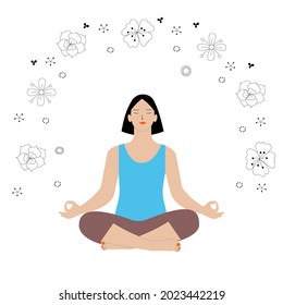 Vector illustration concept of practicing meditation. Asian girl sits in the lotus position, around flowers.