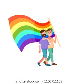 Vector illustration concept pride day and gay parade cartoon style. Two man homosexual walk with rainbow flag