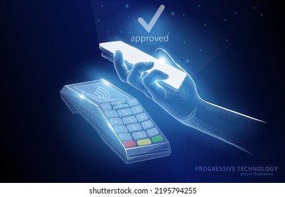 Vector illustration concept process without contact payment over terminal hand holding smartphone, on dark blue background, technology, gadgets, banking, shopping.