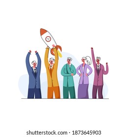 Vector illustration with concept of promotion, startup, business opening, progress. Office workers are depicted, one of them holding rocket taking off.