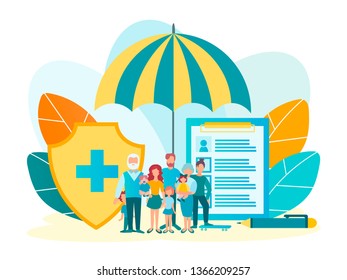 Vector illustration of the concept of protection and safety life and health. A large family on the background of symbols of protection.