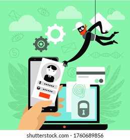 Vector illustration. The concept of protection and security. A hacker is trying to hack personal data on a smartphone.