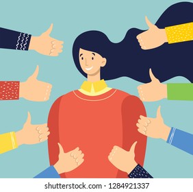 Vector illustration of concept of public approval with young woman surrounded by hands with thumbs up in flat style. 