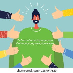 Vector illustration of concept of public approval with young man surrounded by hands with thumbs up in flat style