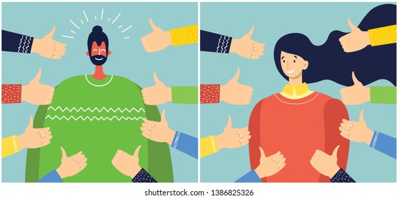 Vector illustration of concept of public approval with young woman and man surrounded by hands with thumbs up in flat style.