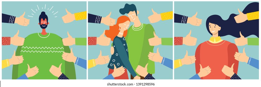 Vector illustration of concept of public approval with young woman and man surrounded by hands with thumbs up in flat style.