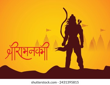 Vector illustration concept of Ram Navami, Lord Rama with bow and arrow greeting with hindi text meaning Shree Rama Navami. Spring Hindu festival.