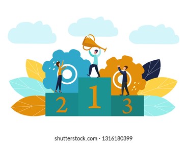 Vector illustration, concept of reaching a business goal, winner with a gold cup in his hand, ranked first, number one, joyful people around