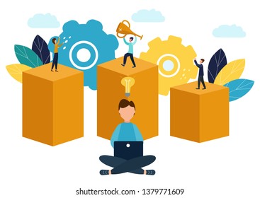Vector illustration, concept of reaching a business goal, winner with a gold cup in his hand, ranked first, number one, joyful people around