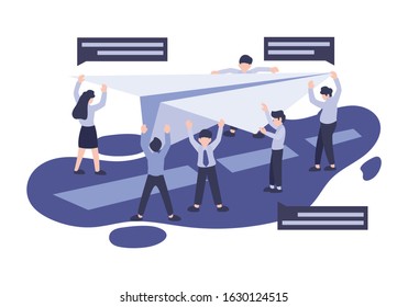 Vector illustration, concept of reaching the goal. People lifting the paper plane, teamwork and management strategy business metaphor concept. Flat design cartoon style.