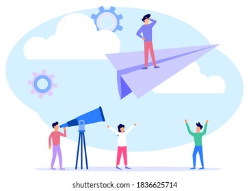 Vector illustration, concept of reaching a goal, a man riding a paper airplane, colleagues below giving encouragement and support.