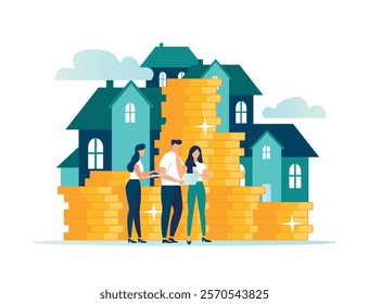 Vector illustration, The concept of a real estate business with houses, the growing real estate market, the increase in the value of houses and square meters, the purchase of real estate
