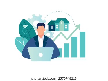 Vector illustration, The concept of a real estate business with houses, the growing real estate market, the increase in the value of houses and square meters, the purchase of real estate