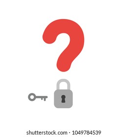Vector illustration concept of red question mark with grey closed padlock and key icon.
