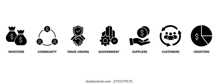Vector Illustration concept Relationship of Stakeholders, Related of Investors, government and creditors