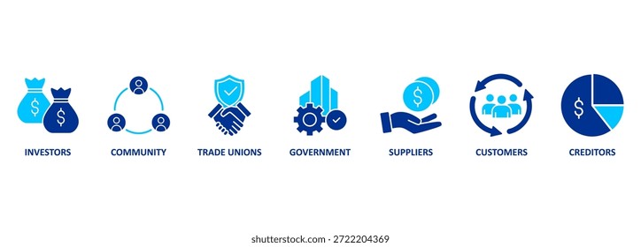 Vector Illustration concept Relationship of Stakeholders, Related of Investors, government and creditors