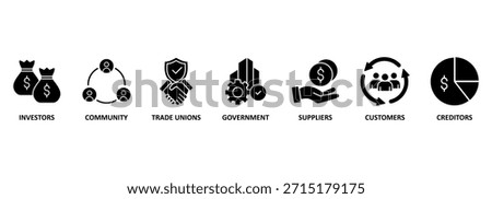 Vector Illustration concept Relationship of Stakeholders, Related of Investors, government and creditors