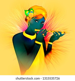 Vector illustration concept of religion avatar of God. Krishna is a black boy playing the flute. Hinduism.