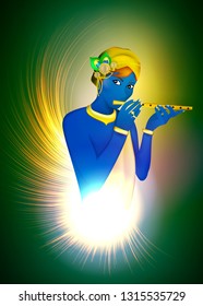 Vector illustration concept of religion avatar of God. Krishna is a blue boy playing the flute. Hinduism.