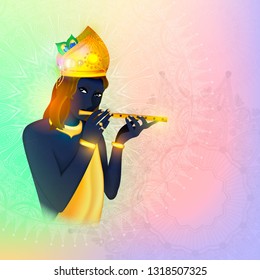 Vector illustration concept of religion avatar of God. Krishna is a black boy playing the flute. Hinduism.