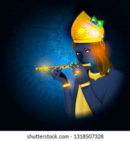 Vector illustration concept of religion avatar of God. Krishna is a black boy playing the flute. Hinduism.