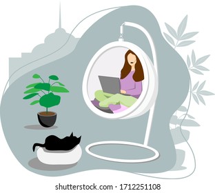 Vector illustration of the concept of remote work. A seated woman freelancer in a hanging chair works at a laptop in flat style. Workplace with comfort. Stay home.