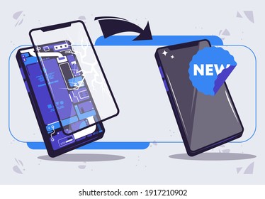 Vector illustration of the concept of replacing a new screen with a new one on a mobile phone, disassembled phone to replace the glass