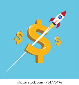 Vector illustration concept rocket fly across the dollar sign, financial business plan, profit boost, increase the income.