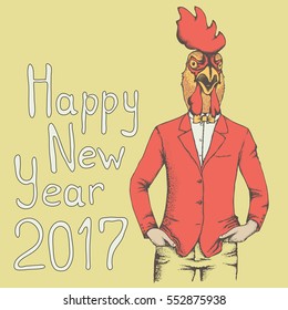 Vector illustration concept. Rooster in human suit. 2017 new year of the rooster