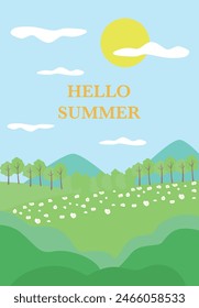 Ilustración vectorial. El concepto de Ocio rural. Cartel con montañas, prados y flores. Perfecto para un puesto de venta de verano o Anuncio.
