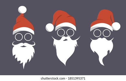 Vector illustration concept of Santa with red Christmas hat and white beard and mustache of santa claus on a dark background. New year symbol