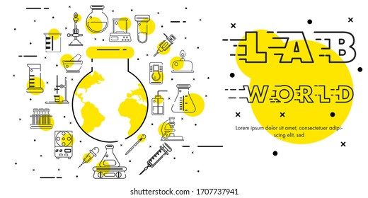 Vector o ilustración del concepto de ciencia y laboratorio con diseño de icono de esquema. Equipo de laboratorio alrededor del matraz en forma de tierra. Plantilla para infografía, presentación o banner.